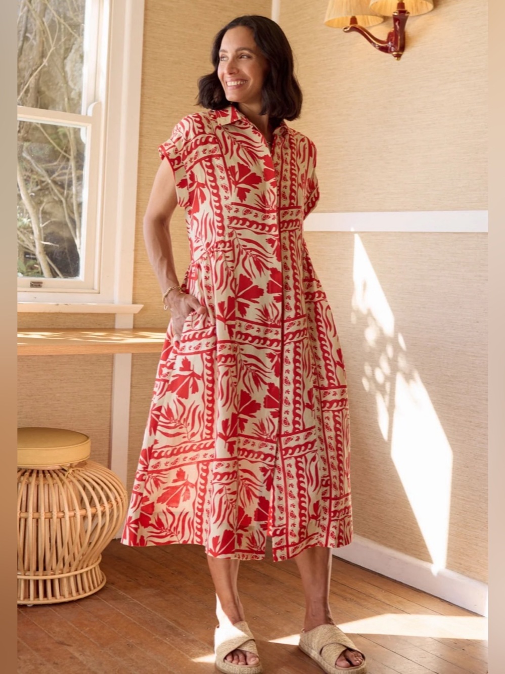 MAYE Margot Shirtdress Soleil Print Red Cream Linen Blend Midi Dress Size Small